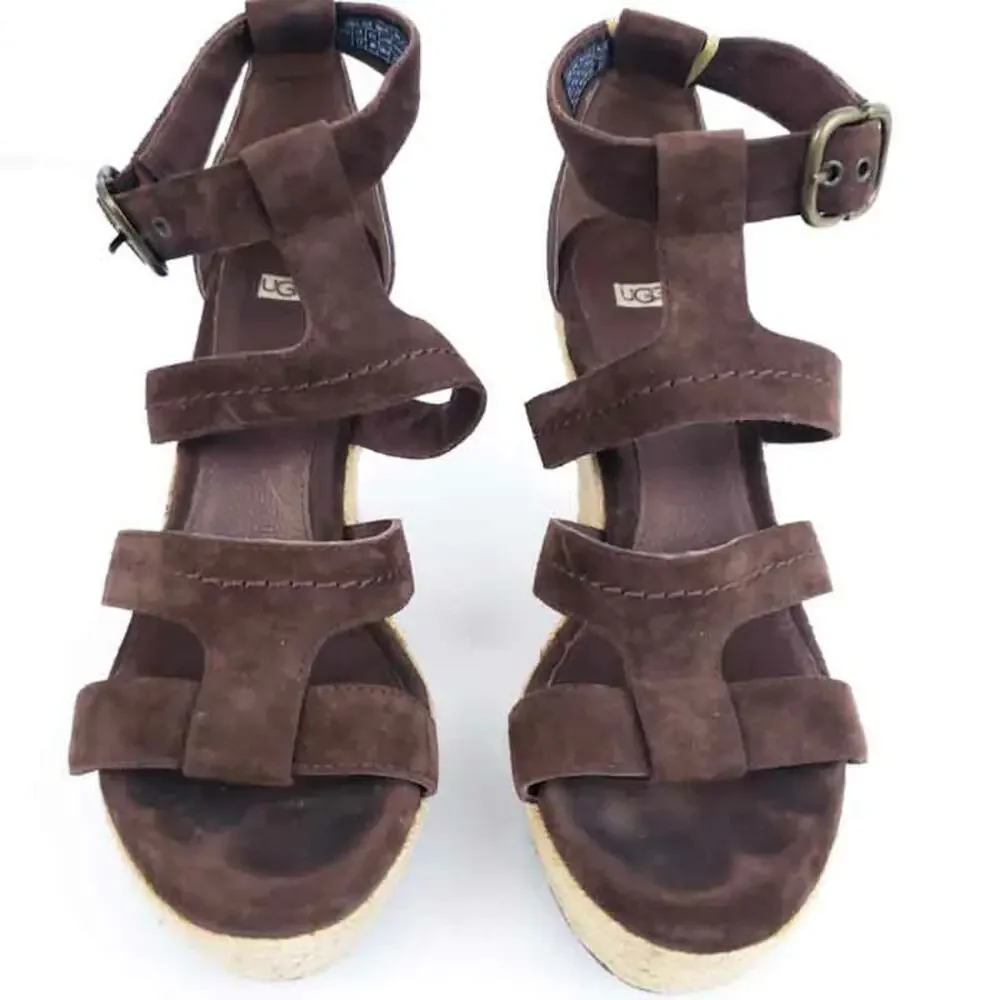 UGG Australia Brown Suede Wedges Lauri US 9 Festival Boho Platform Open Toe Shoe